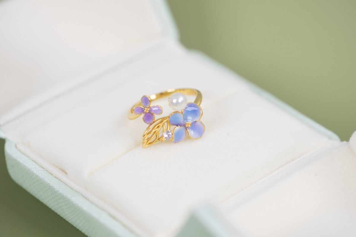 S925 Freshwater Pearl Enamel Hydrangea Ring