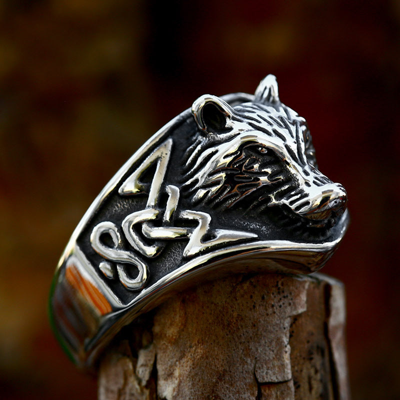 Bague tête de loup rétro européenne et américaine
