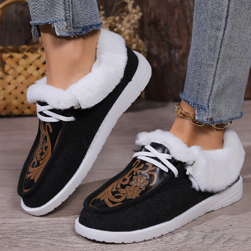 Nouveau bout rond fleur imprimé toile chaussures plates hiver décontracté chaud Plus velours femmes chaussures en peluche