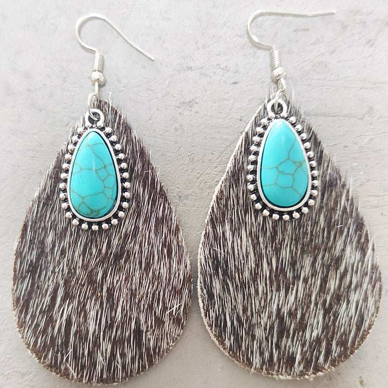 Western Animal Grain Cowhide Water Drop Turquoise Metal Leopard Print Earrings