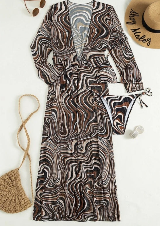 Ensemble trois pièces en maille à robe longue rayée à lacets