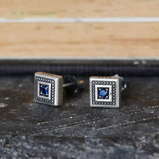 Boucles d'oreilles rétro carrées en zircon bleu pour hommes