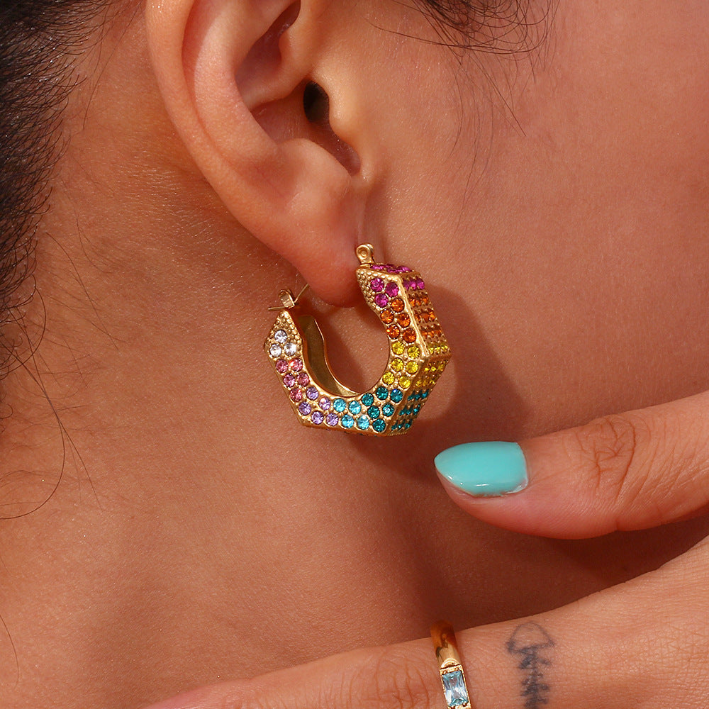 Personalized Retro Earrings Jewelry Stainless Steel Gold-plated Hexagonal Diamond Box Ear Ring
