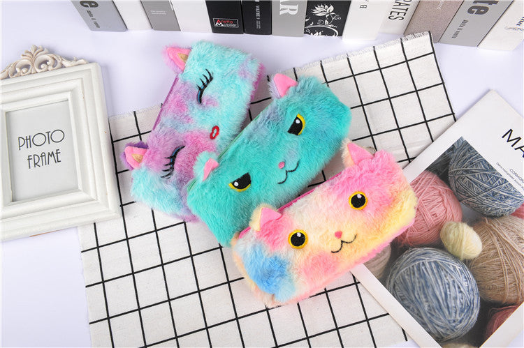 Trousse à crayons en peluche chat couleur Laser, sac de papeterie pour étudiant