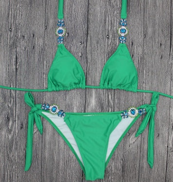 Maillot de bain fendu sexy en forme de bikini avec diamants de couleur unie
