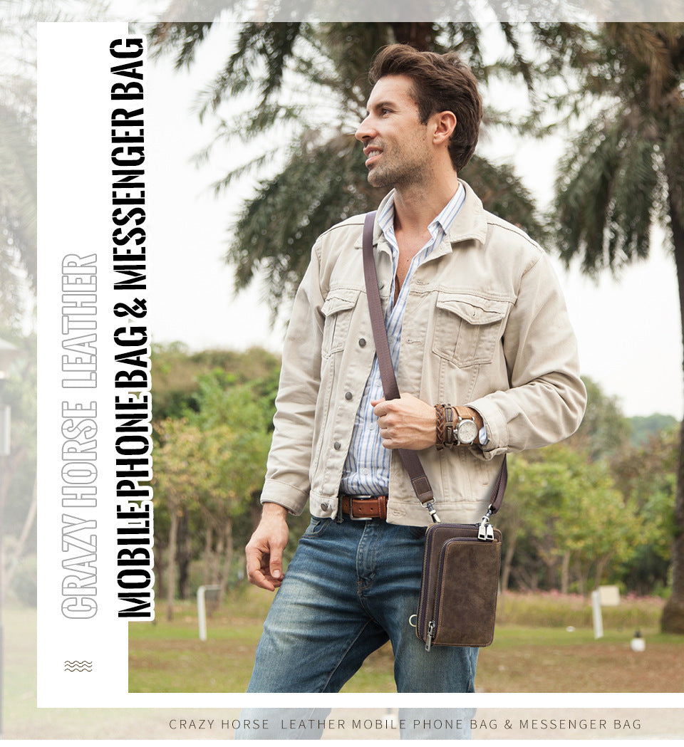 Bolso bandolera pequeño de piel de vaca de primera capa para hombre, informal, Retro, Crazy Horse, con un hombro, para teléfono