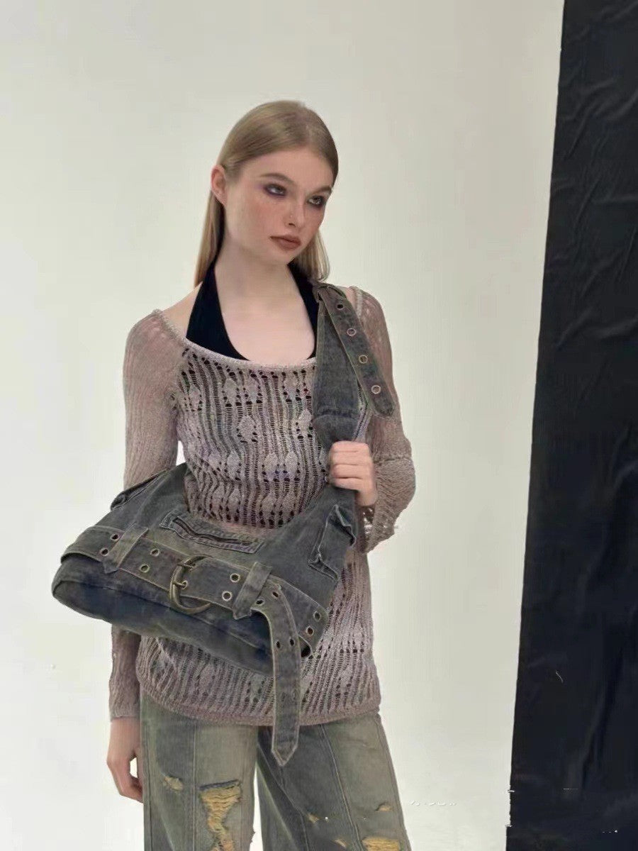 Sac sous les bras en jean lavé femme grande capacité rétro