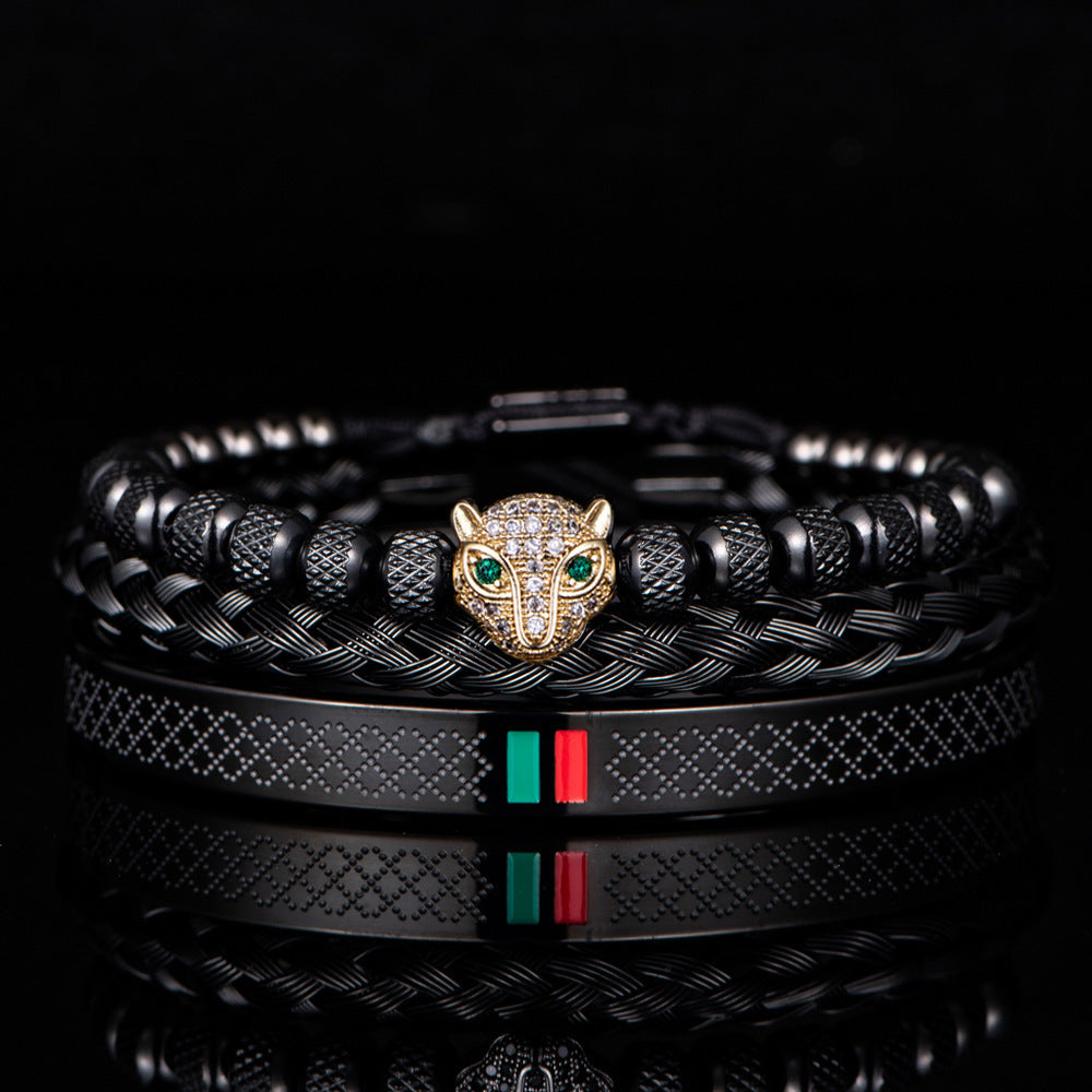Ensemble de bracelets tête de léopard micro incrustés en acier inoxydable