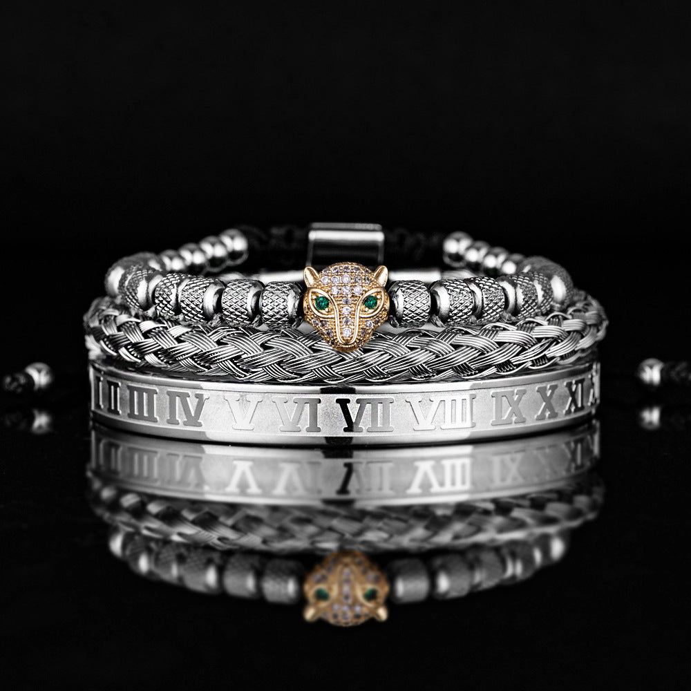 Pulsera romana de perlas de piña de malla con conjunto de cabeza de leopardo