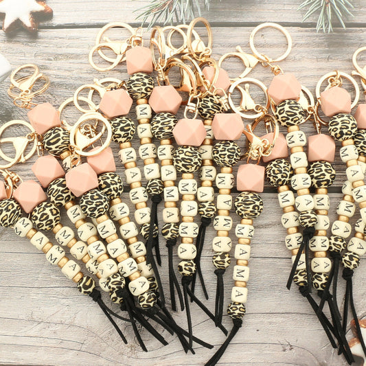 Letter Wood Wafer Silicone Bag Pendant Leopard Chain Keychain