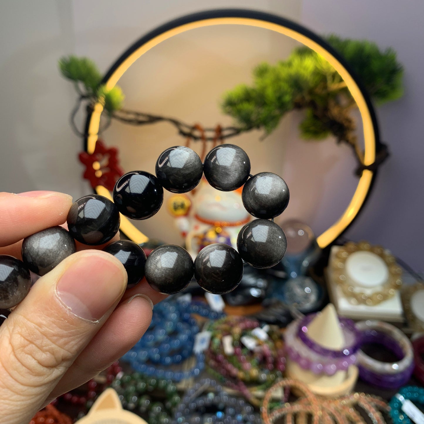 Bracelet minimaliste en obsidienne naturelle pour hommes