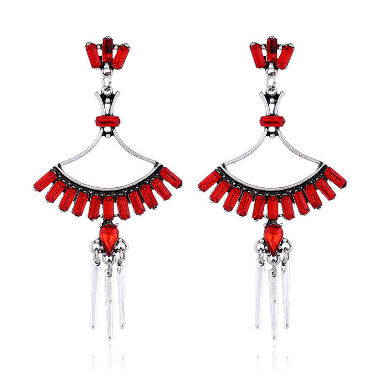 Retro Ethnic Style Earrings Color Rhinestone Simple Geometric Hollow Carved