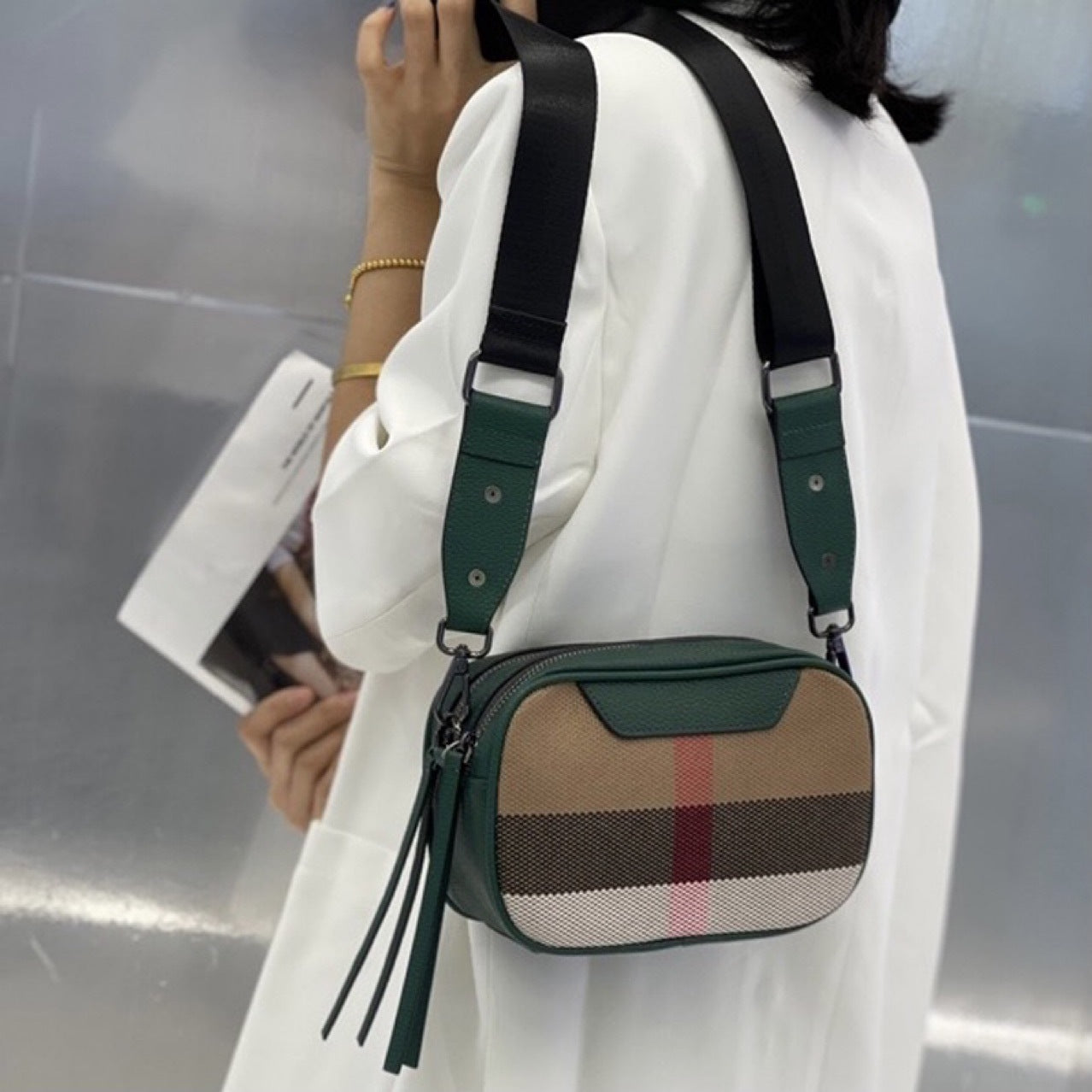 Sac à carreaux en toile polyvalent à bandoulière diagonale