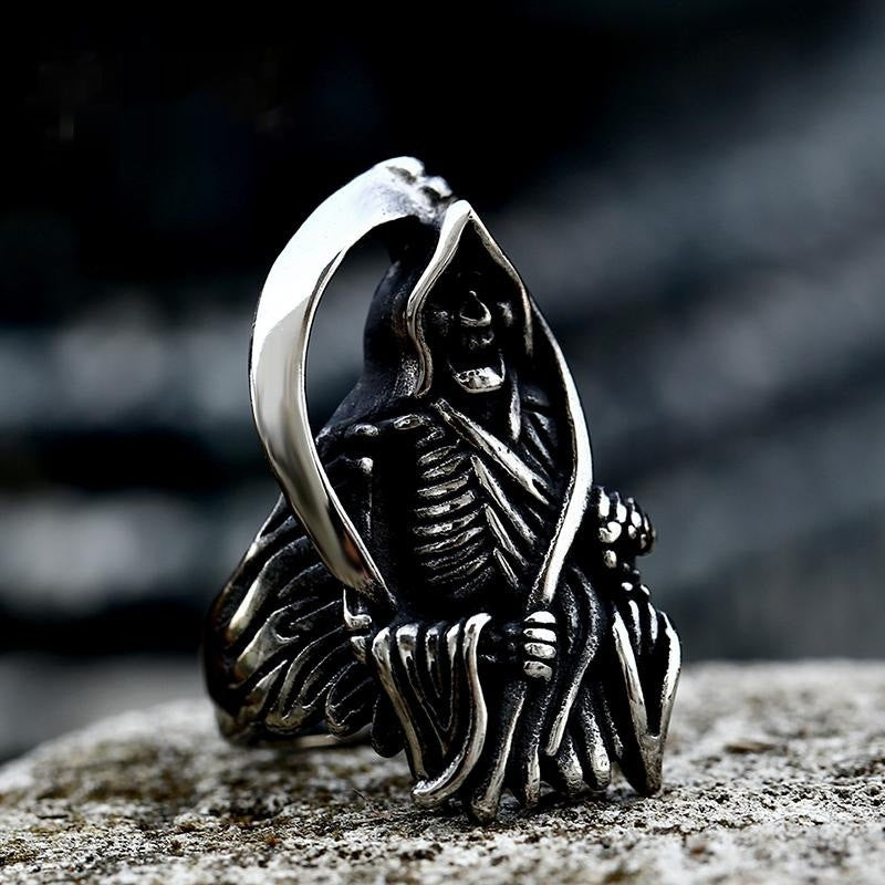 Bague pour hommes en acier inoxydable, faucille de mort rétro, crâne en acier titane