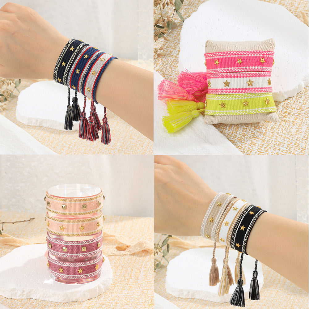 XINGX Square Rivet Braided Tassel Bracelet