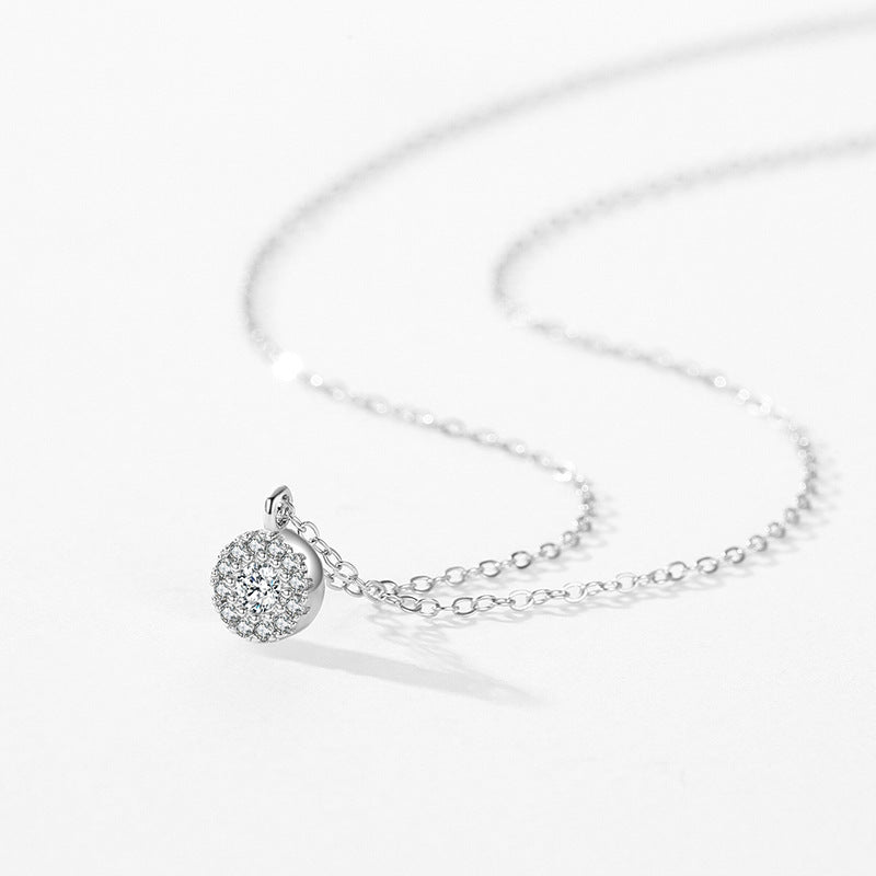 S925 Sterling Silver Round Finely Inlaid Pendant Necklace Women's Japanese And Korean Style
