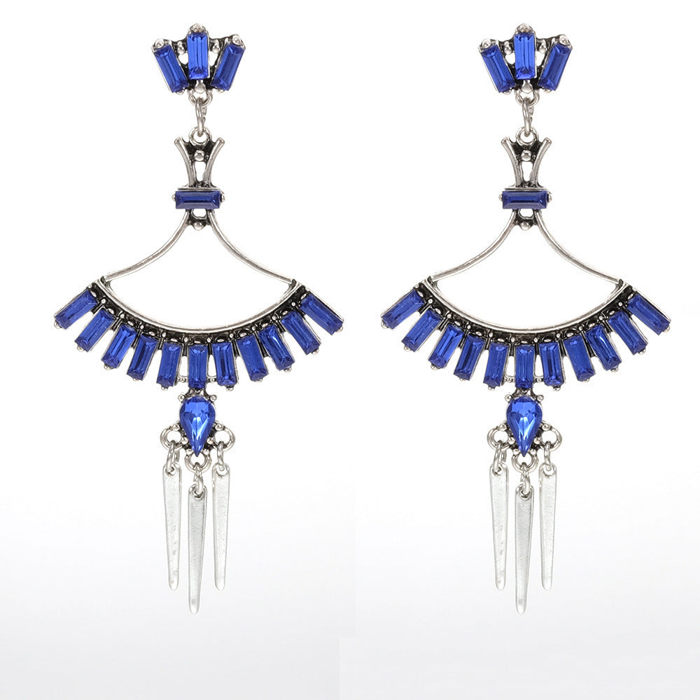 Retro Ethnic Style Earrings Color Rhinestone Simple Geometric Hollow Carved