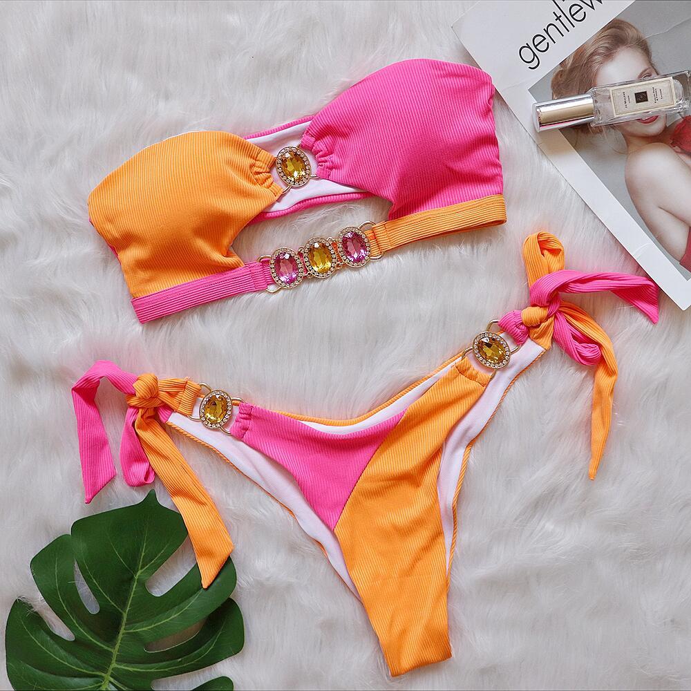 Bikini de diamantes de cristal sexy, traje de baño dividido con almohadilla en el pecho desmontable, empalme con correa en el pecho