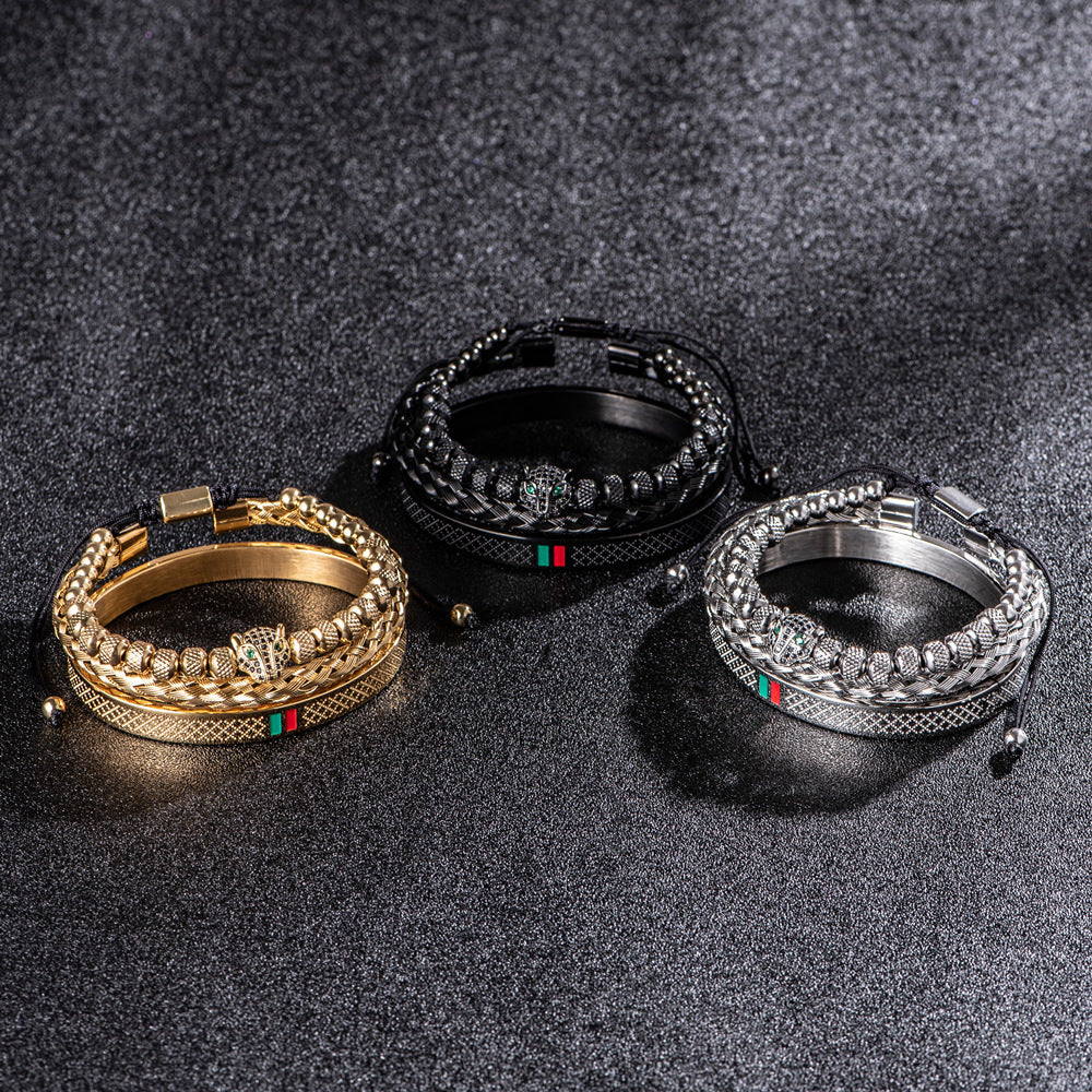 Ensemble de bracelets tête de léopard micro incrustés en acier inoxydable