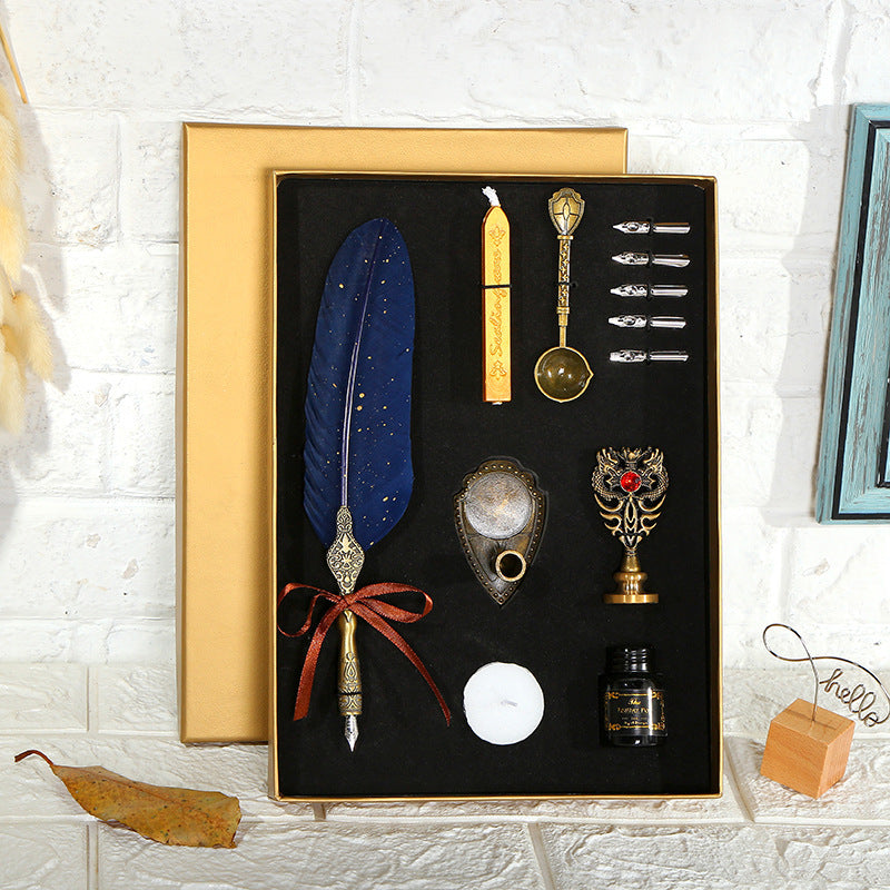 European style retro sprinkled gold feather pen
