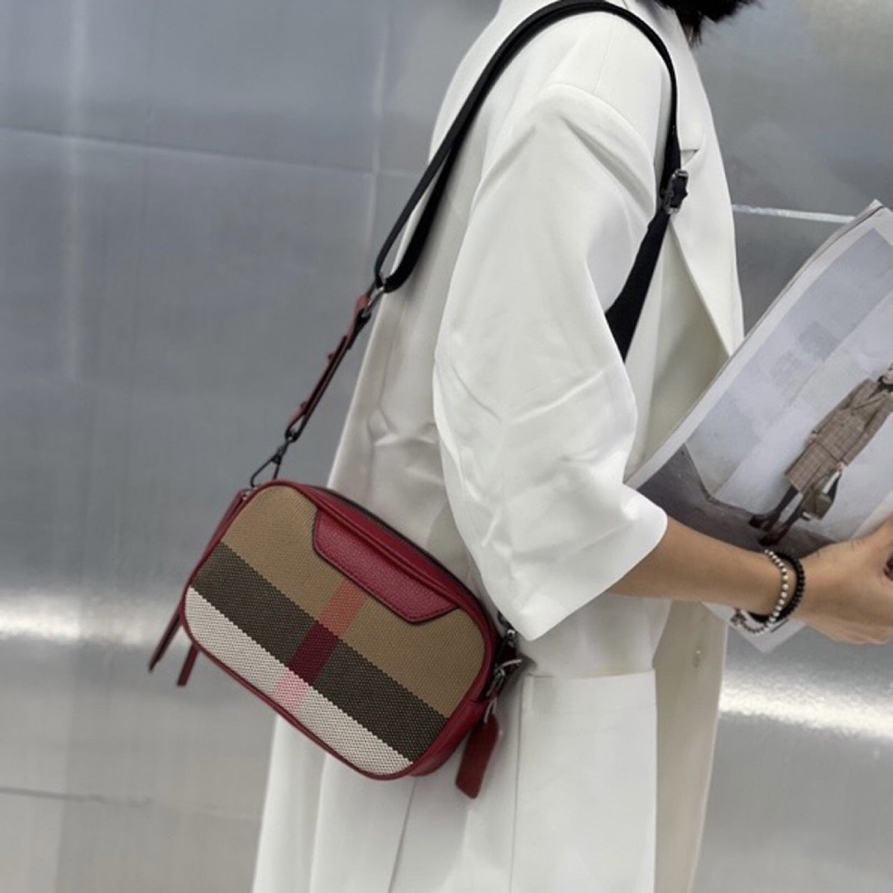 Sac à carreaux en toile polyvalent à bandoulière diagonale