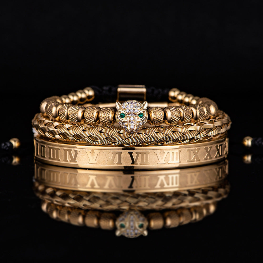 Pulsera romana de perlas de piña de malla con conjunto de cabeza de leopardo