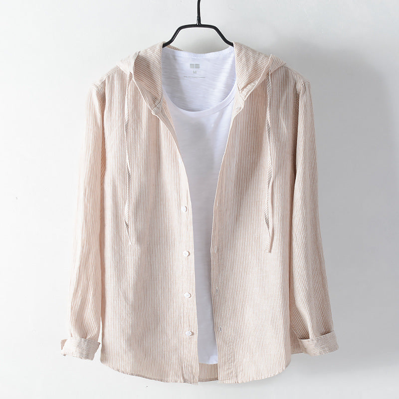 Men's Cotton And Linen Casual Hooded Long-sleeved Shirt