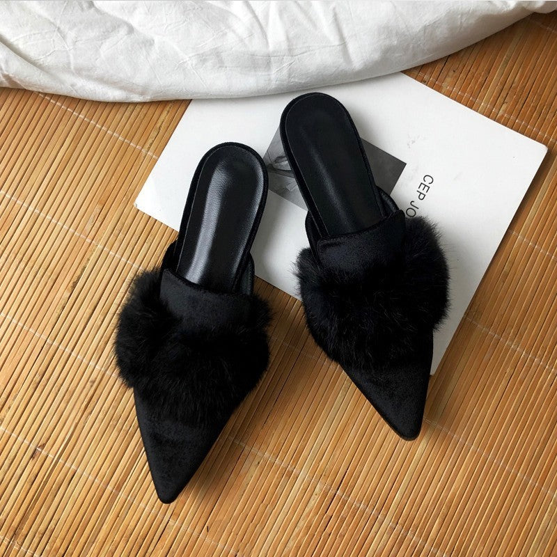 Demi-pantoufles à bout fermé en fourrure de vison pointue pour femmes, vêtements d'extérieur tendance