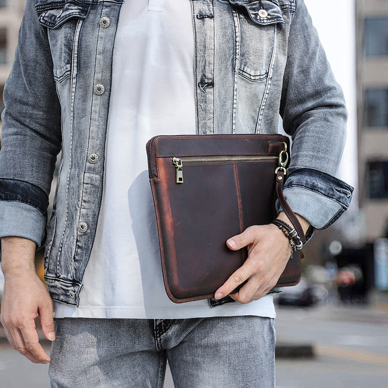 Sac d'ordinateur rétro en cuir Crazy Horse avec fermeture éclair pour ordinateur portable