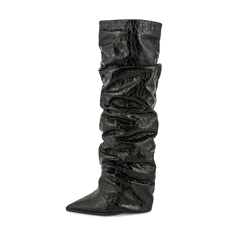 Botte haute plissée à manches pointues pour femmes