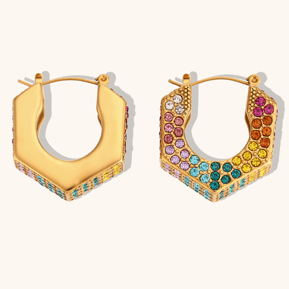 Personalized Retro Earrings Jewelry Stainless Steel Gold-plated Hexagonal Diamond Box Ear Ring