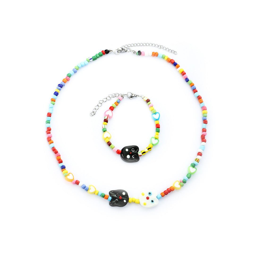 Cartoon Cat Dopamine Necklace Women's Colorful Beaded Necklace Bracelet