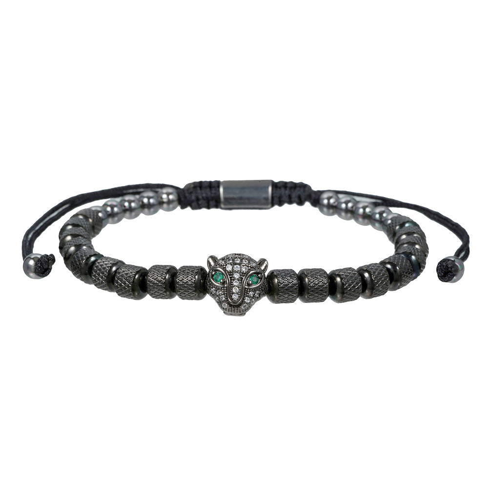 Zircon Leopard Head Stainless Steel Pineapple Bead Bracelet