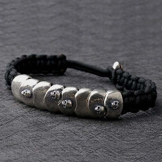 Bracelet tissé en cordon de parachute argenté, armure de crâne
