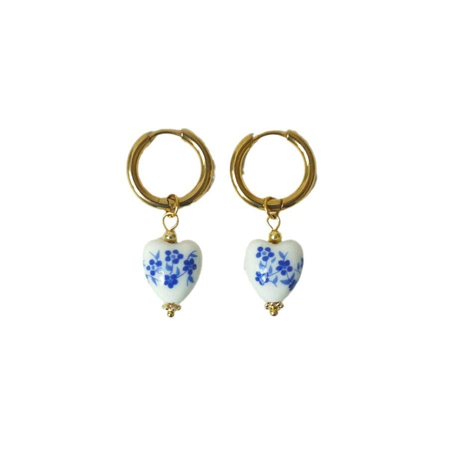 Retro Chinese Style Heart-shaped Blue And White Porcelain Necklace Women's Titanium Steel Elegant Wild Earrings