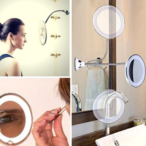 Espejo de maquillaje con luz LED brillante, giratorio 360 y aumento de 10x