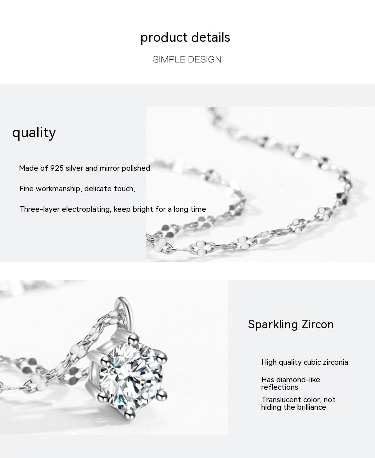 S925 Sterling Silver Super Shiny Solitaire Necklace Women's European And American Style