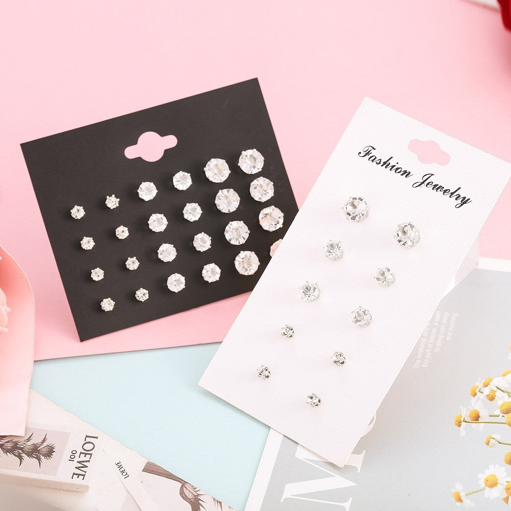 Round Six-claw Crystal Zircon Card Pack 12 Pairs Of Ear Studs