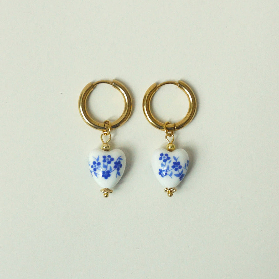 Retro Chinese Style Heart-shaped Blue And White Porcelain Necklace Women's Titanium Steel Elegant Wild Earrings