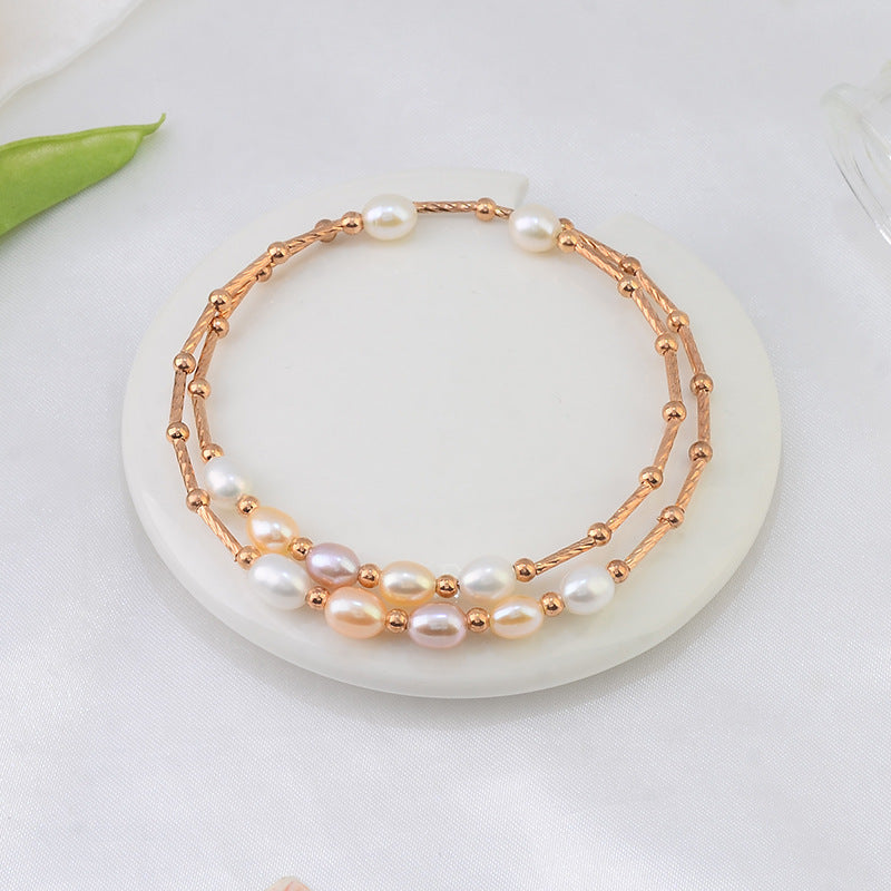Pulsera de perlas naturales de agua dulce Pulsera de diseño de doble capa de nicho