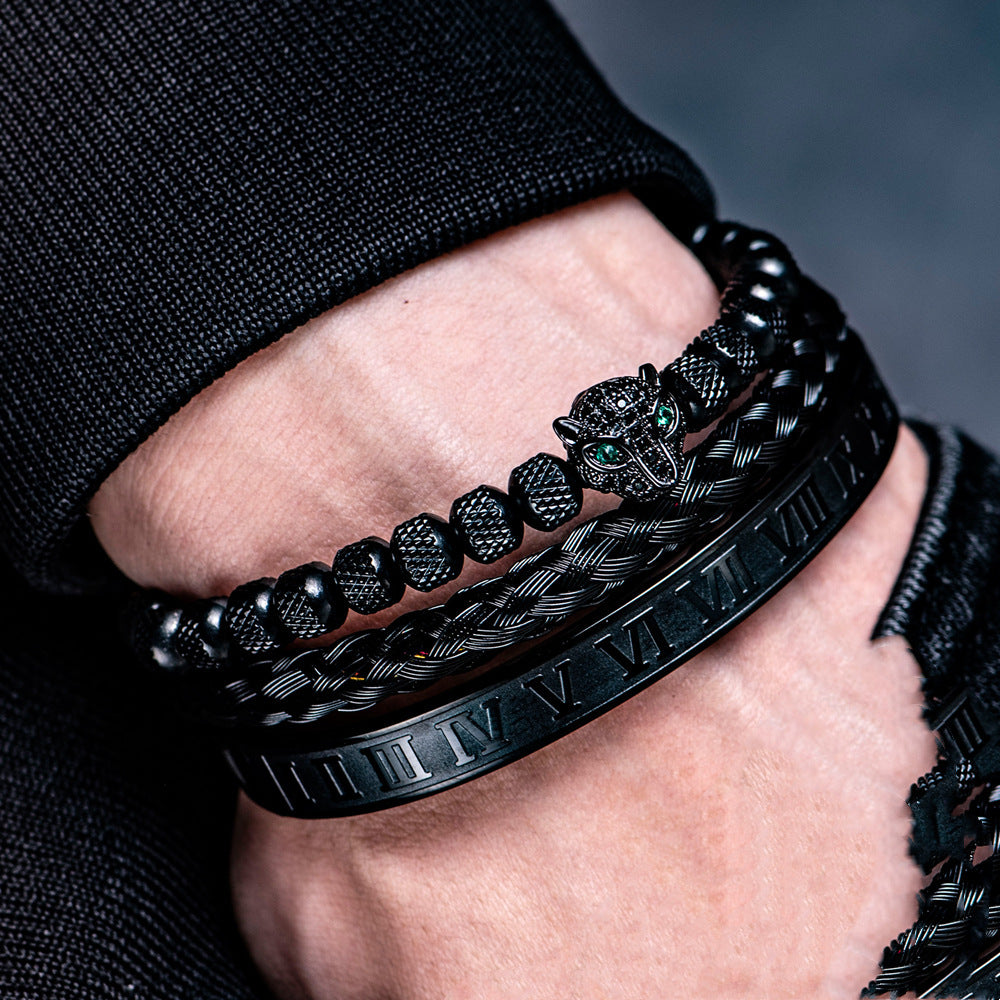 Pulsera romana de perlas de piña de malla con conjunto de cabeza de leopardo