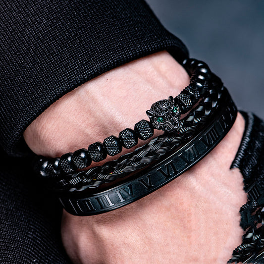 Bracelet romain en perles d'ananas en maille avec tête de léopard