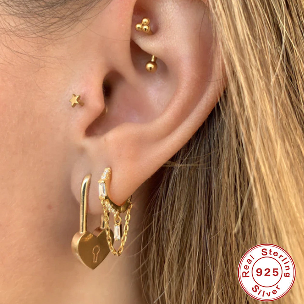 S925 Sterling Silver Ins Geometric Tassel Chain Square Zircon Earrings