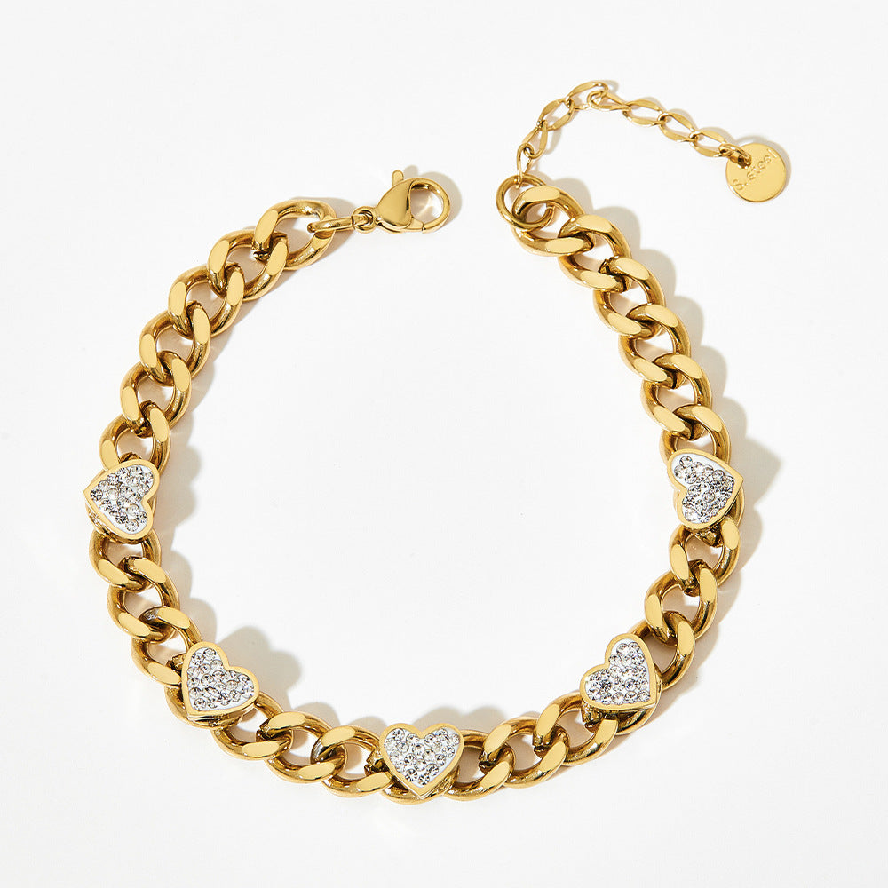 Bracelet rétro français en acier inoxydable et Zircon en forme de cœur