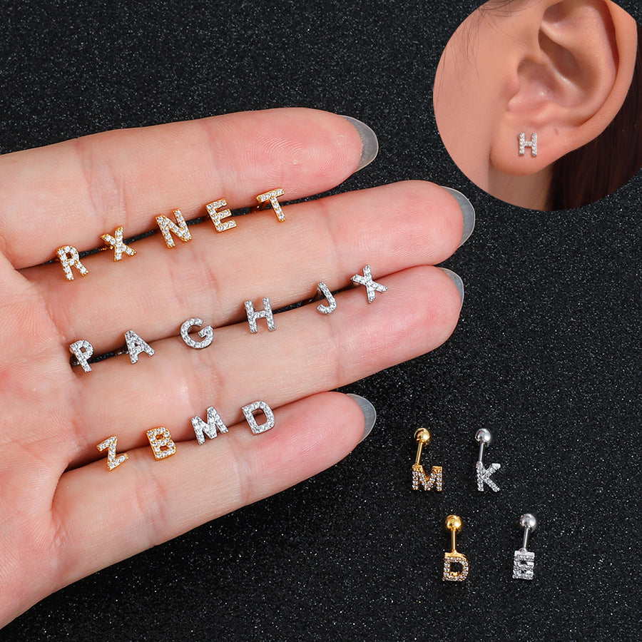 Inlaid Zircon 26 English Letters Ear Bone Stud Retro Personality Alloy Letter Thread Stud Earrings Ear Piercing