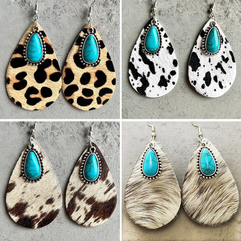 Western Animal Grain Cowhide Water Drop Turquoise Metal Leopard Print Earrings