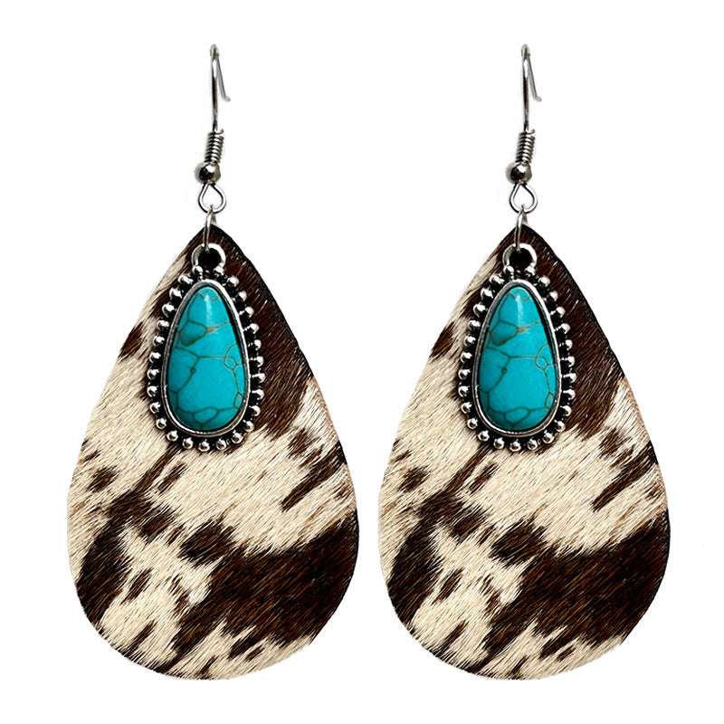 Western Animal Grain Cowhide Water Drop Turquoise Metal Leopard Print Earrings