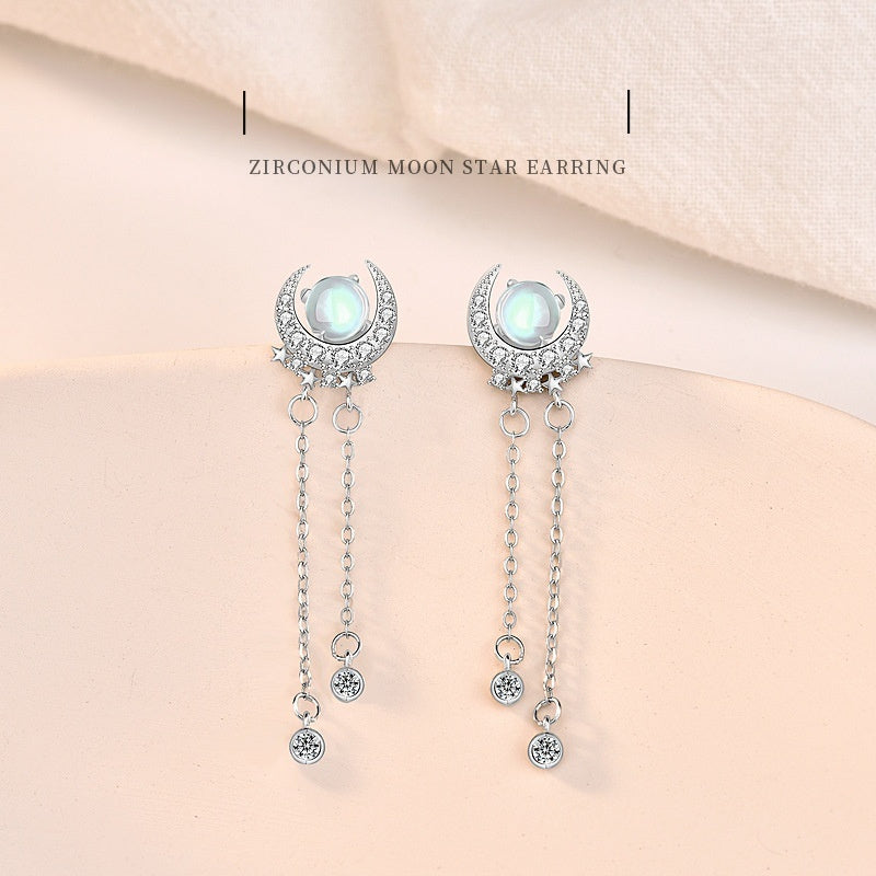 S925 Sterling Silver Long Elegant Bright Moon Star Moonstone Tassel Earrings Women's High-grade Cold Style