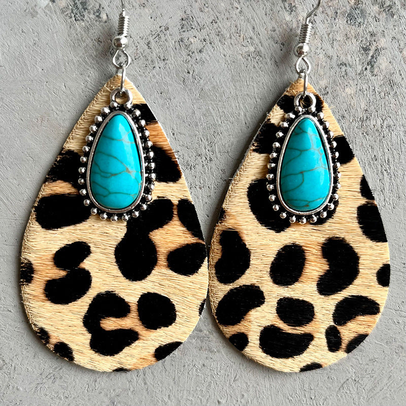 Western Animal Grain Cowhide Water Drop Turquoise Metal Leopard Print Earrings