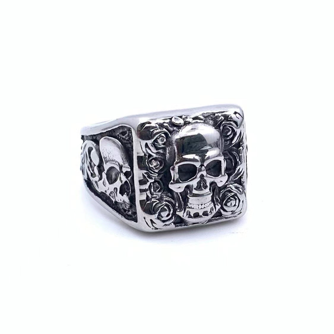 Bague en acier titane pour hommes, Style gothique de mort rétro, crâne de Rose